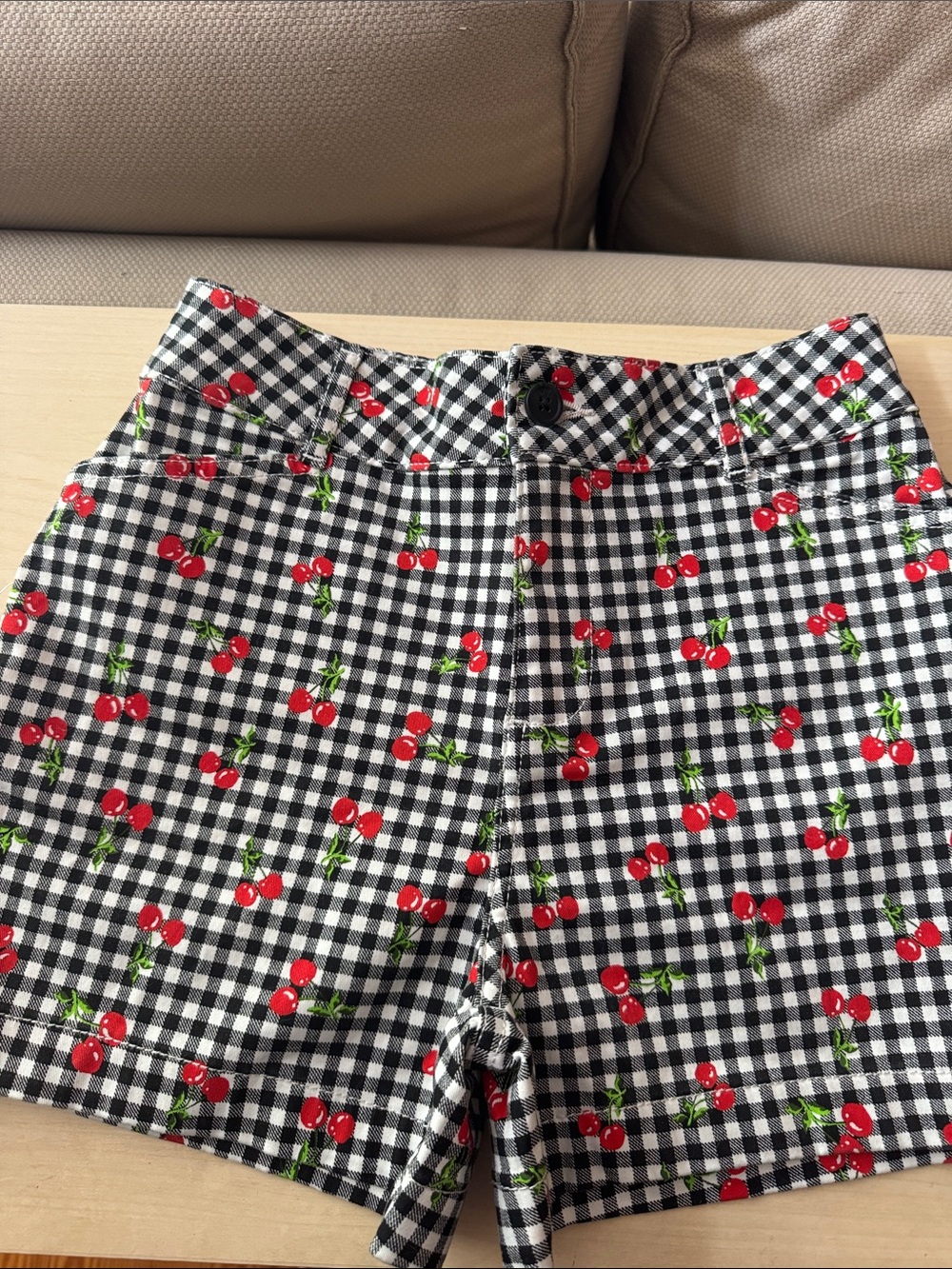 bagatelle Black Gingham High-Waist Shorts with Red Cherry Print